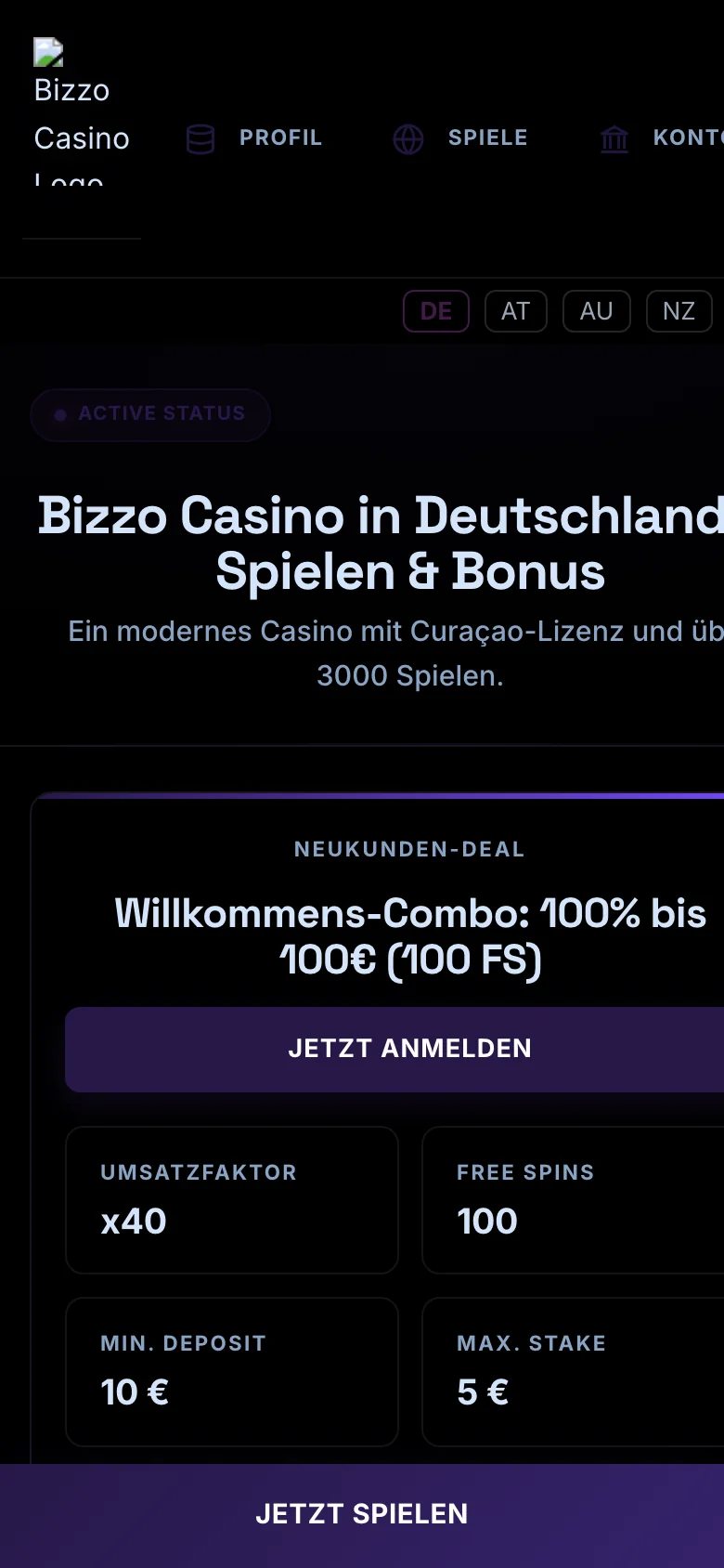 Bizzo Casino mobile lobby screenshot