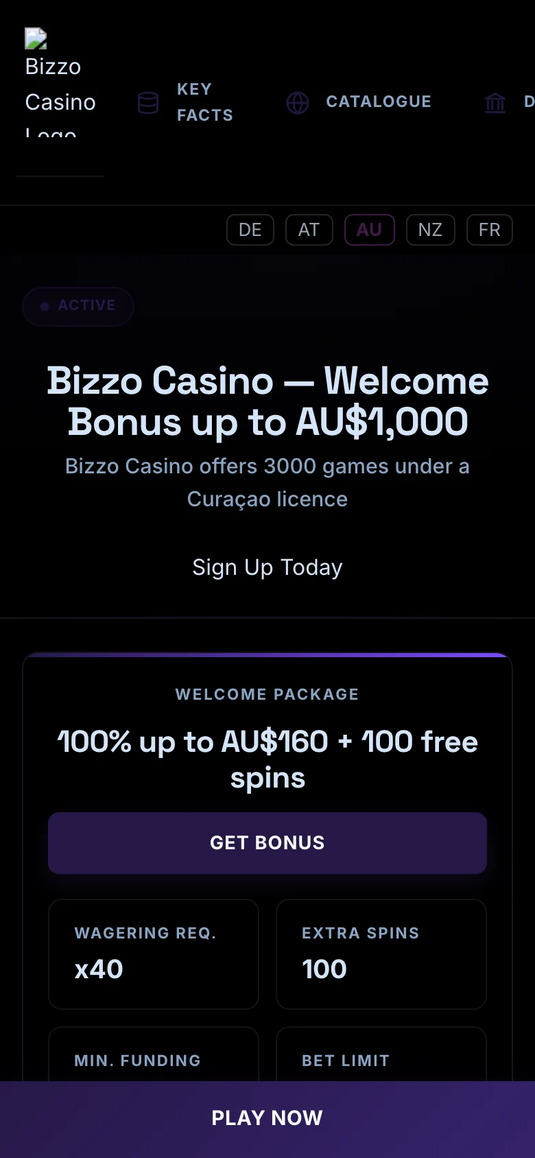 Bizzo Casino mobile lobby screenshot