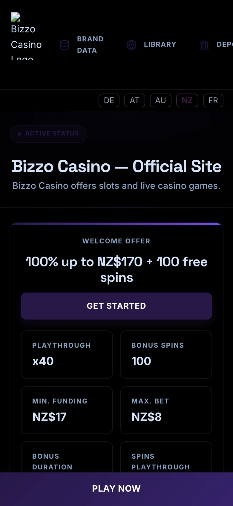 Bizzo Casino mobile lobby screenshot