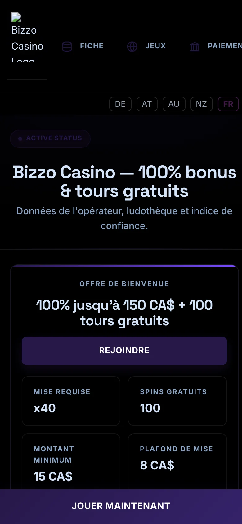 Bizzo Casino mobile lobby screenshot